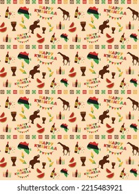 Seamless pattern for Kwanzaa with text Happy Kwanzaa and candles. African American ethnic cultural holiday. Colorful bright background for greeting card, invitation, wrapping paper