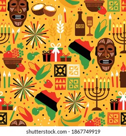 Seamless pattern for Kwanzaa with traditional colored and candles representing the Seven Principles or Nguzo Saba. Yellow background.