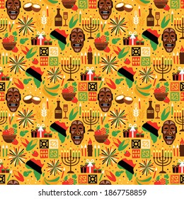 Seamless pattern for Kwanzaa with traditional colored and candles representing the Seven Principles or Nguzo Saba. Yellow background.