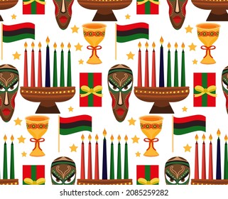 Seamless pattern for Kwanzaa with traditional colored and candles kinara. Vector illustration