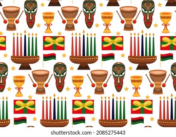 Seamless pattern for Kwanzaa with traditional colored and candles kinara. Vector illustration