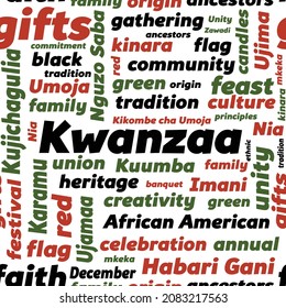 Seamless pattern with Kwanzaa word cloud. Vector background with principles and terms for Kwanzaa celebation - African American heritage holiday. 