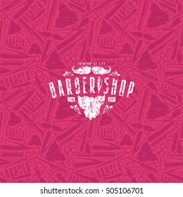 Seamless pattern and label for barber shop. Bright color