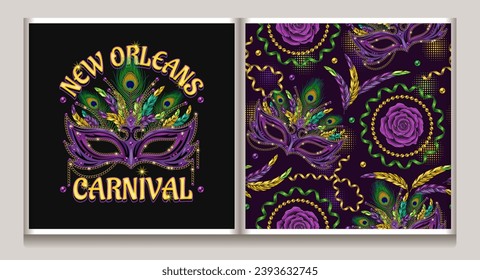 Seamless pattern, label with carnival masquerade masks, feathers, party streamers, rose flower on dark background. Detailed vintage illustration for prints, apparel, clothing, surface design. Not AI