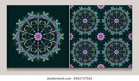 Seamless pattern, label with circular ornament like mandala with chamomile flower in center, fantasy colored dragonfly with curled antennae. Inspirational text. Geometric background Art Nouveau style.