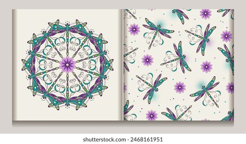 Seamless pattern, label with circular ornament like mandala with chamomile flower in center, fantasy colored dragonfly with curled antennae. Textile design. Art Nouveau style.