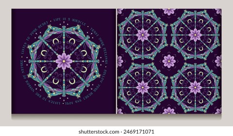 Seamless pattern, label with circular ornament like mandala with chamomile flower in center, fantasy colored dragonfly with curled antennae. Inspirational text. Geometric background Art Nouveau style.