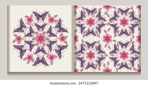 Seamless pattern, label with circular ornament like mandala with chamomile flower in center, fantasy colored butterfly with curled antennae. Geometric background. Art Nouveau style.