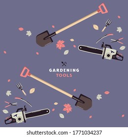 Seamless pattern and label for garden tools store. Design in flat style