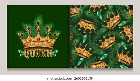 Seamless pattern, label with golden crown, peacock feathers, emerald gemstones on dark green background. Luxury kitsch design. Vintage style.
