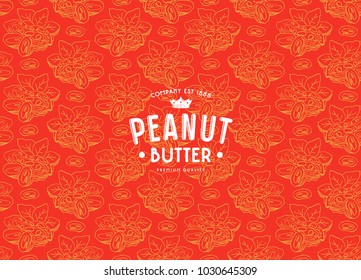 Seamless pattern and label for peanut butter. Illustration in the style of handmade graphics. Color print on red background