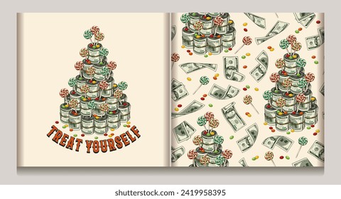 Seamless pattern, label with pyramid with money rolls, scattered candy, text Treat Yourself. Concept of success and wealth. Detailed illustration in vintage style.