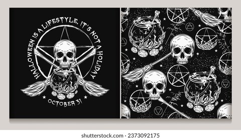 Seamless pattern, label with witch cauldron with potion, half skull, brooms, burning pentagram sign, wiccan signs, blades of grass, stars. Freaky, creepy illustration for Halloween holiday  Not AI