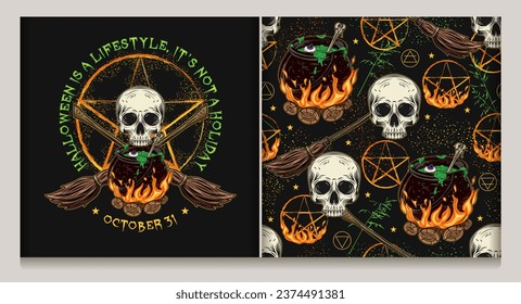 Seamless pattern, label with witch cauldron with green potion, half skull, brooms, burning pentagram sign, wiccan signs, blades of grass, stars. Freaky, creepy illustration for Halloween holiday Not A