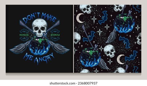 Seamless pattern, label with witchy cauldron with bubbling green potion, blue fire, half skull, brooms, bat, stars, text Dont make me angry Halloween night. Witchcraft illustration. CMYK blue