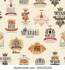 Seamless pattern with labels, logos, stickers, emblems for various alcohol beverages in retro style. Repeating vector background on the theme of wine, beer, whiskey. Wallpaper, wrapping paper, fabric