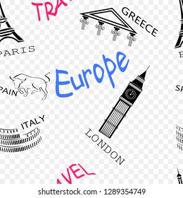 seamless pattern of the labels of the main European countries with the names of these countries. Vector image