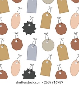 Seamless pattern of labels, price tags of various shapes with a knotted loop, made of textiles or paper.