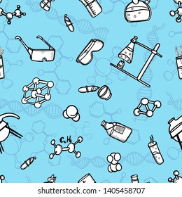 seamless pattern laboratory equipment chemistry formulas atoms wallpaper background black and white