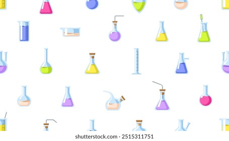 Naadloos patroon, laboratoriumglaswerk. Eindeloze chemie achtergrond met glazen kolven, bekers, buizen. Herhaling van print, chemische reagentia. Vlakke vectorillustratie voor textiel, inpakken, behang