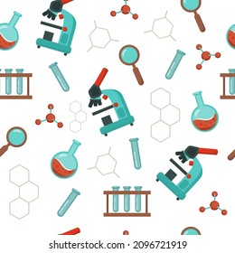 Seamless pattern laboratory, scientific research. Microscope, magnifying glass, molecule, test tube. Vector background.