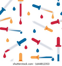 Seamless pattern laboratory transparent pipette with colored fluid abstract drop greetings card or flyer design chemistry lab concept flat vector illustration on white background