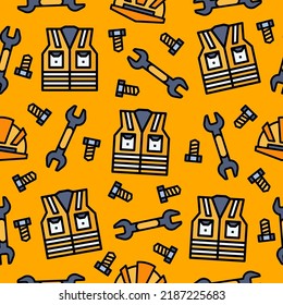 Seamless pattern of labour day worker helmet, wrench, vest, and bolt. Perfect for print on fabric textile, clothes, dress, wrapping, book cover, packaging, wedding invitation.