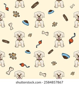 Seamless pattern with Labrador puppy. Vector background with cute dogs and pet accessories. Bright print for wrapping paper, gift decoration, pet store decoration, grooming salon, training center