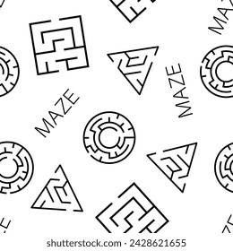 Seamless pattern of labyrinth outline icons. line black labyrinth signs, simple elements. Triangular, circle and orthogonal maze, wallpaper or texture. flat vector illustration