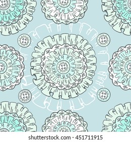 Seamless pattern with lace flowers and buttons, hand drawn beautiful background for scrapbook design, Vector