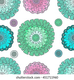 Seamless pattern with lace flowers and buttons, hand drawn beautiful background for scrapbook design, Vector