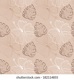 seamless pattern with lace hand drawn hibiscus flowers and leaves on the nude background vector