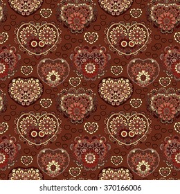Seamless pattern with lace hearts. Beautiful valentine illustration with vintage elements. Brown figure on chocolate background. Love, birthday, Valentine day, sale. Vector