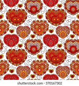 Seamless pattern with lace hearts. Beautiful valentine illustration with vintage elements. Red orange yellow figure on white background. Love, birthday, Valentine day, paisley, sale. Vector