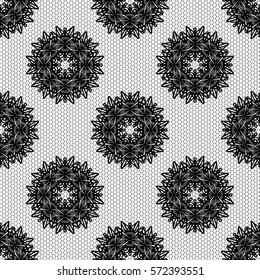 Seamless pattern with lace imitation texture with circular floral elements. Black on white background. Vector illustration.