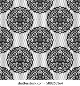 Seamless pattern with lace imitation texture with circular floral elements. Black on white background. Vector illustration.