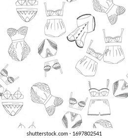 Seamless pattern lace lingerie collection. Lace underwear set, panties, bras, knickers isolated on white background. Vector illustration.