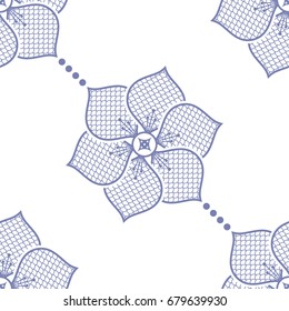 Seamless pattern of lace lotus flower in garlands. Floral Japanese half-circle style print.  Oriental motif of flower shape with fish scale trellis inside. Vector illustration.