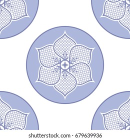 Seamless pattern of lace lotus flower in circle. Floral Japanese half-circle style print.  Oriental motif of flower shape with fish scale trellis inside. Vector illustration.