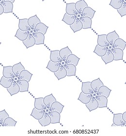 Seamless pattern of lace lotus flower in garlands. Floral Japanese half-circle style print.  Oriental motif of flower shape with fish scale trellis inside. Vector illustration.