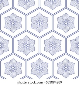 Seamless pattern of lace lotus flower inside trellis of hexagons. Floral Japanese half-circle style print.  Oriental motif of flower shape with fish scale trellis inside. Vector illustration.