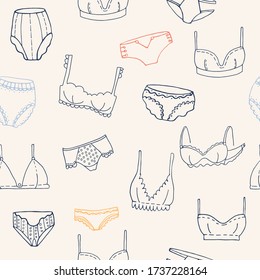 Seamless pattern of lace panties. Set of lace panties and underwear. Delicate and elegant lingerie, separate set. 