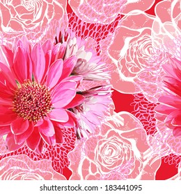 Seamless pattern with lace, roses and gerberas