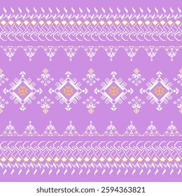 seamless pattern with lace, Ukrainian cross stitch on purple background. Pixel floral pattern, white, yellow, Ethnic knit. Christmas wallpaper, sweater. Vector illustration for textile print design.