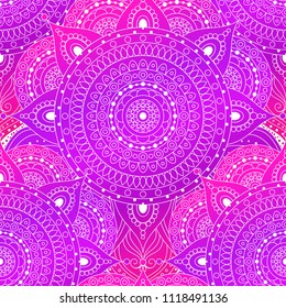 Seamless pattern, lace vector background with gradient pink and violet mandala. Ethnic boho design, Indian, Asian, Arabic motif, arabesque.