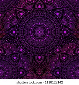 Seamless pattern, laced pattern with gradient pink and violet mandala on black background. Gypsy, ethnic boho design, Indian or Arabic motifs, arabesque.