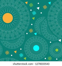 Seamless pattern with laced stylized daisies, multicolored flowers and small geometric shapes. Emerald background. Vector illustration