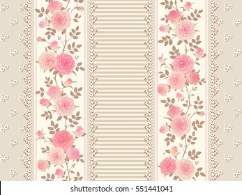 Seamless pattern with laces, stripes and pink roses. Vector floral background. Shabby chic style.