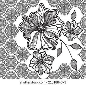 Seamless pattern lacy abstract flowers on a black background. Floral repeat ornament element.