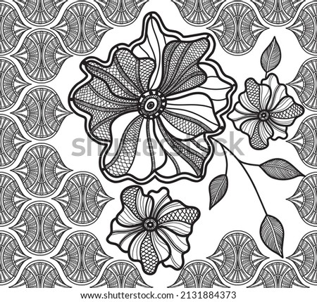 Seamless pattern lacy abstract flowers on a black background. Floral repeat ornament element.